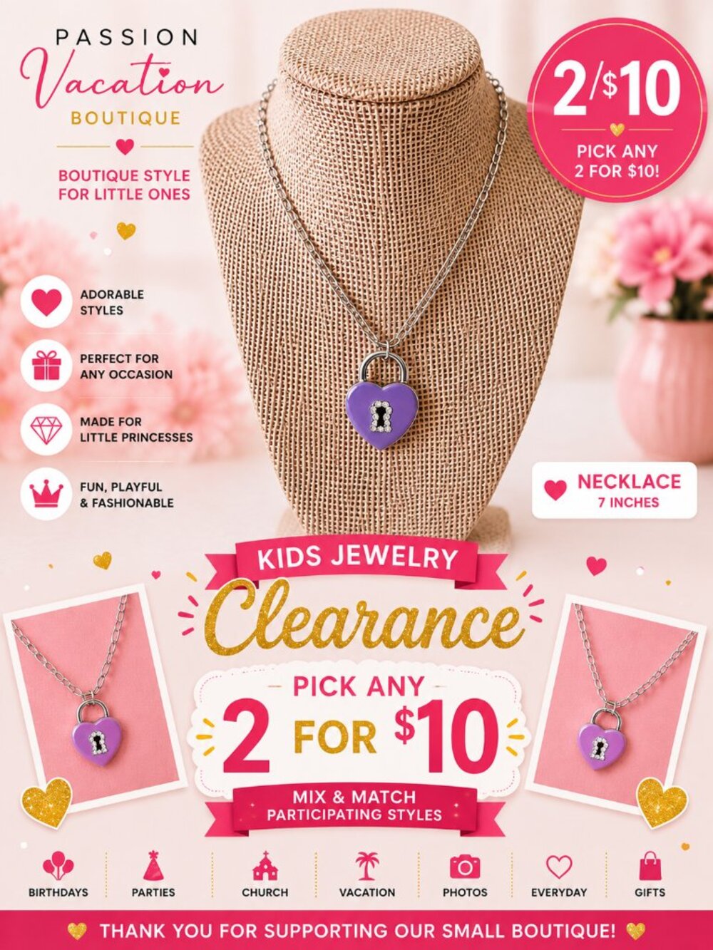 2/$10 Girls Purple Heart Lock Rhinestone Pendant Necklace | 7 Inch